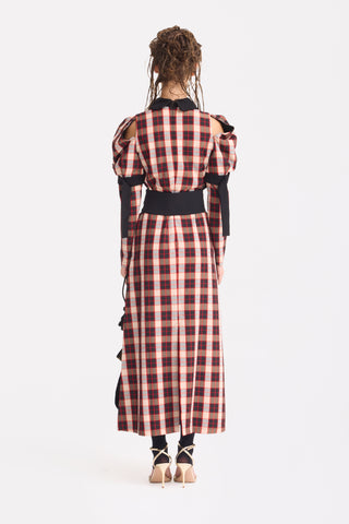 Stylish Cold Shoulder Long Sleeve Dress With Belt Red Check
