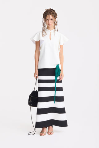 Contemporary Striped A-Line Skirt, Green Floral Detail – Black-White