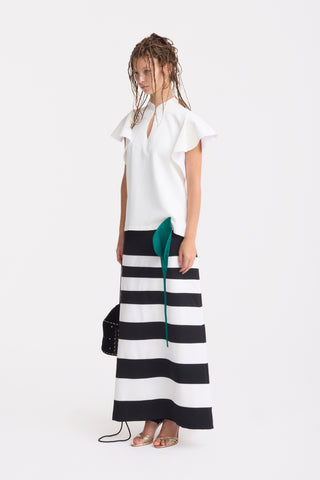 Contemporary Striped A-Line Skirt, Green Floral Detail – Black-White