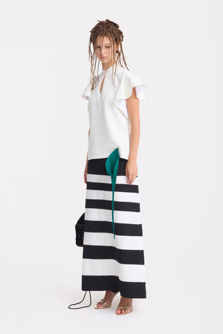 Contemporary Striped A-Line Skirt, Green Floral Detail – Black-White