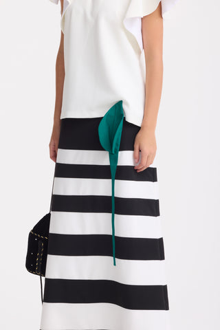 Contemporary Striped A-Line Skirt, Green Floral Detail – Black-White