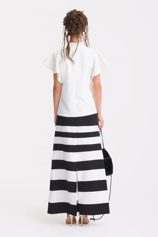 Contemporary Striped A-Line Skirt, Green Floral Detail – Black-White