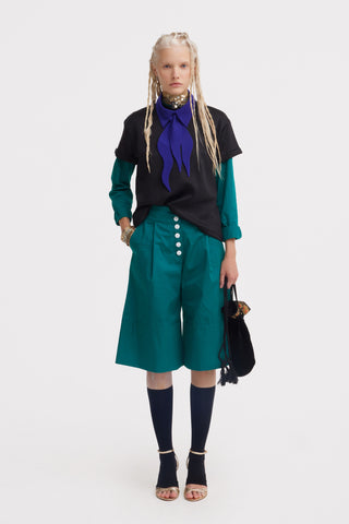 Button Front Wide-Leg Bermuda Shorts - Green