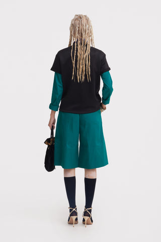 Button Front Wide-Leg Bermuda Shorts - Green