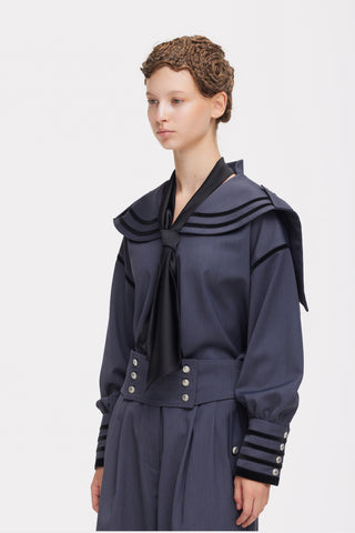 Contrast Piping Sailor Collar Tie Front Blouse – Blue
