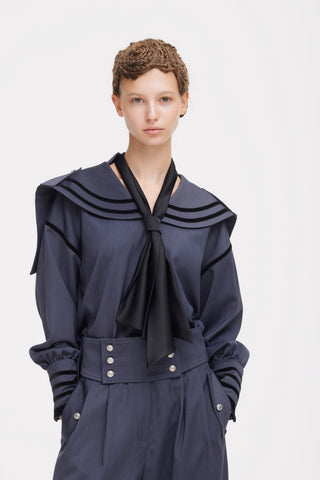 Contrast Piping Sailor Collar Tie Front Blouse – Blue