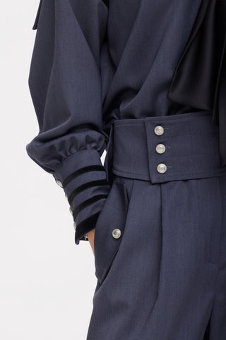 Contrast Piping Sailor Collar Tie Front Blouse – Blue