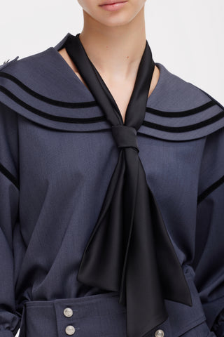 Contrast Piping Sailor Collar Tie Front Blouse – Blue