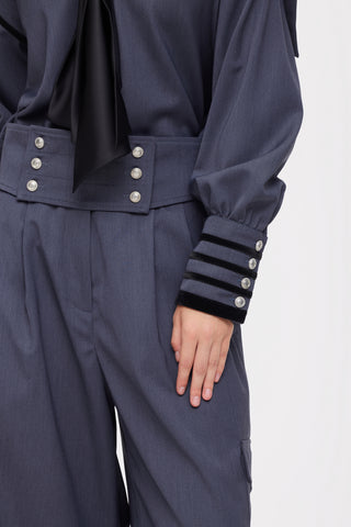 Contrast Piping Sailor Collar Tie Front Blouse – Blue