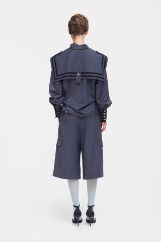 Contrast Piping Sailor Collar Tie Front Blouse – Blue