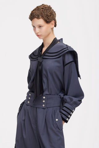 Contrast Piping Sailor Collar Tie Front Blouse – Blue