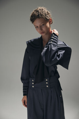 Contrast Piping Sailor Collar Tie Front Blouse – Blue