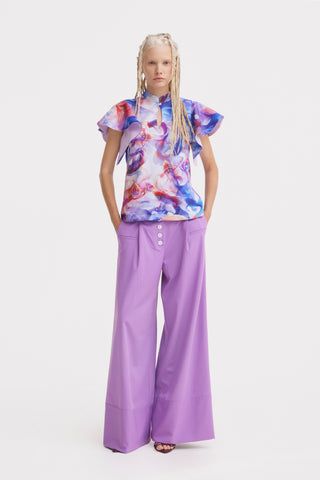 Stand Collar Ruffle Sleeve Blouse – Fish Print