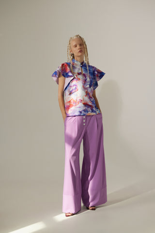 Stand Collar Ruffle Sleeve Blouse – Fish Print