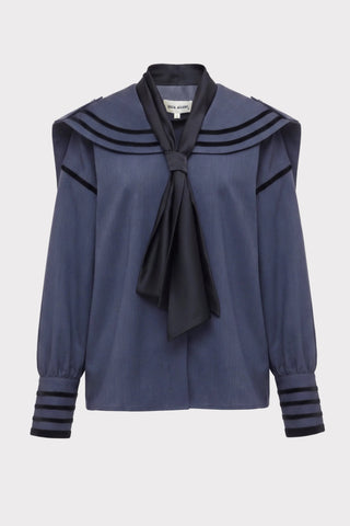 Contrast Piping Sailor Collar Tie Front Blouse – Blue