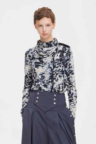 Tie-Dye Draped Cowl Neck Knit Top – Ivory & Navy