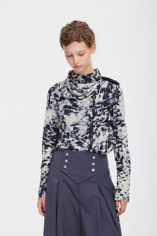 Tie-Dye Draped Cowl Neck Knit Top – Ivory & Navy