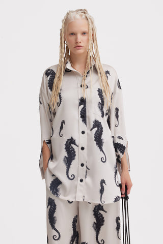 Seahorse Print Oversized Shirt – Ivory