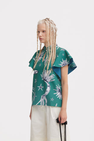 Stand Collar Ruffle Sleeve Blouse – Celestial Print