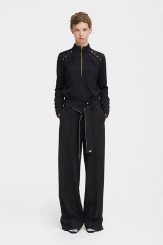 Textured Knit Long Sleeve Zip-Up Top – Black