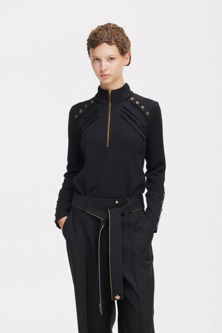 Textured Knit Long Sleeve Zip-Up Top – Black