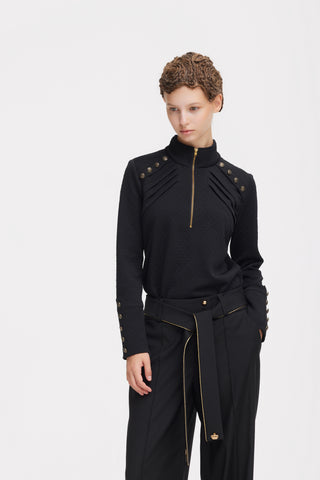 Textured Knit Long Sleeve Zip-Up Top – Black