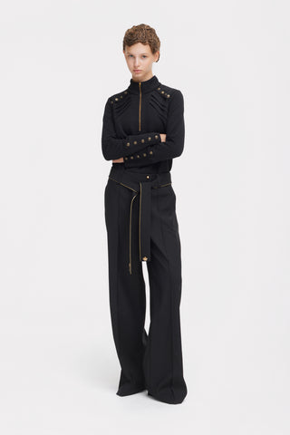 Textured Knit Long Sleeve Zip-Up Top – Black
