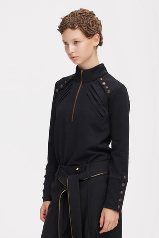 Textured Knit Long Sleeve Zip-Up Top – Black