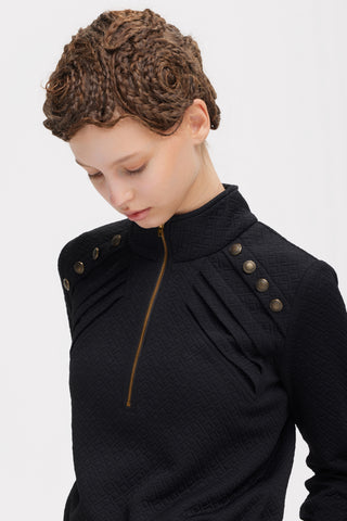 Textured Knit Long Sleeve Zip-Up Top – Black