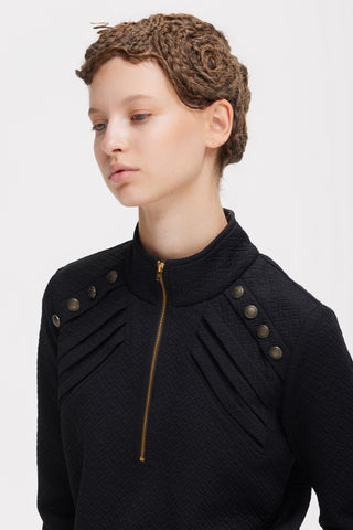 Textured Knit Long Sleeve Zip-Up Top – Black