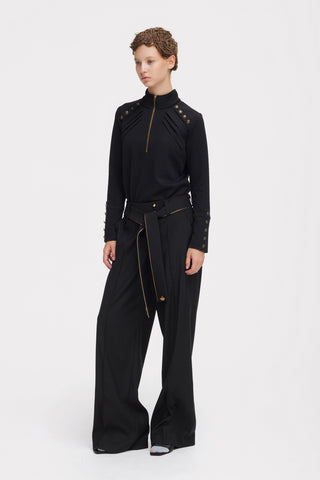 Textured Knit Long Sleeve Zip-Up Top – Black
