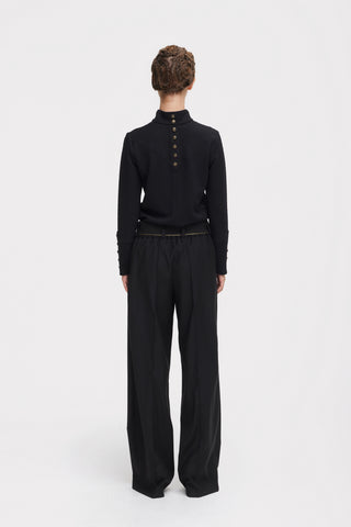 Textured Knit Long Sleeve Zip-Up Top – Black