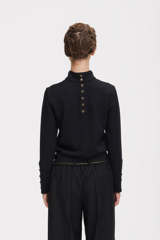Textured Knit Long Sleeve Zip-Up Top – Black