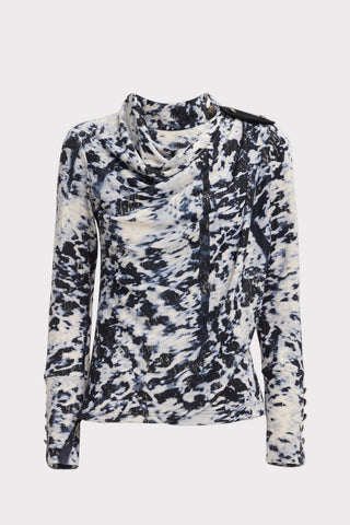 Tie-Dye Draped Cowl Neck Knit Top – Ivory & Navy