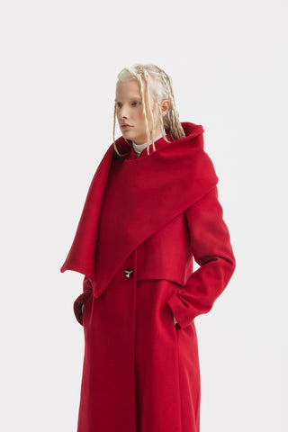 Elegant Long Draped Transformer Mid-Season Coat – Red