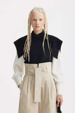 Tailored Blazer-Style Blouse With Satin Sleeves - Black & Ivory