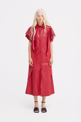 Draped Sleeve Faux Leather Midi Dress – Red