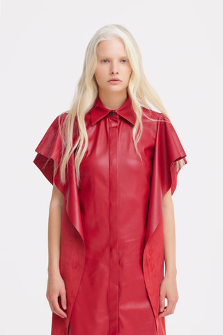 Draped Sleeve Faux Leather Midi Dress – Red