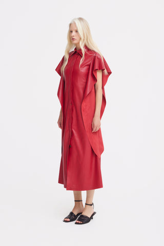 Draped Sleeve Faux Leather Midi Dress – Red
