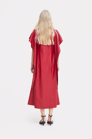 Draped Sleeve Faux Leather Midi Dress – Red