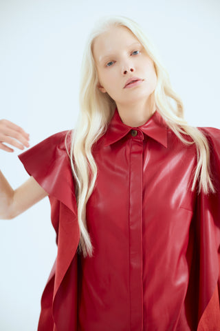 Draped Sleeve Faux Leather Midi Dress – Red