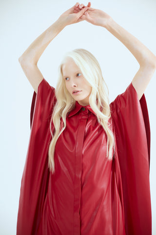 Draped Sleeve Faux Leather Midi Dress – Red