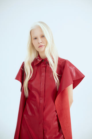 Draped Sleeve Faux Leather Midi Dress – Red