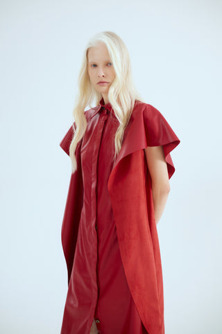 Draped Sleeve Faux Leather Midi Dress – Red