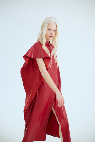 Draped Sleeve Faux Leather Midi Dress – Red