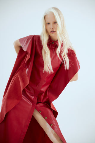 Draped Sleeve Faux Leather Midi Dress – Red