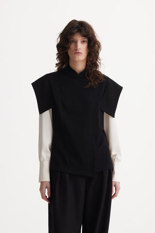 Architectural Contrast-Sleeve Structured Blouse – Black & Ivory