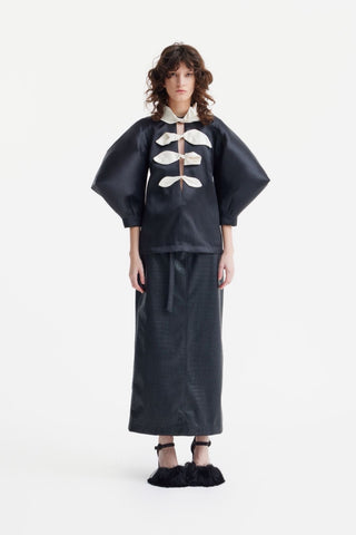 Taffeta Deep V-Neck Blouse With Satin Floral Detail – Black