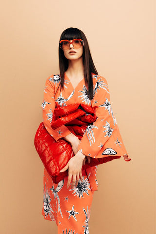 Printed Asymmetric Midi Wrap Dress Coral