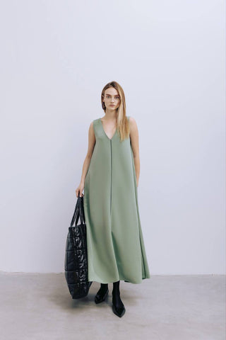 Casual V-neck Ankle Length Dress Olive